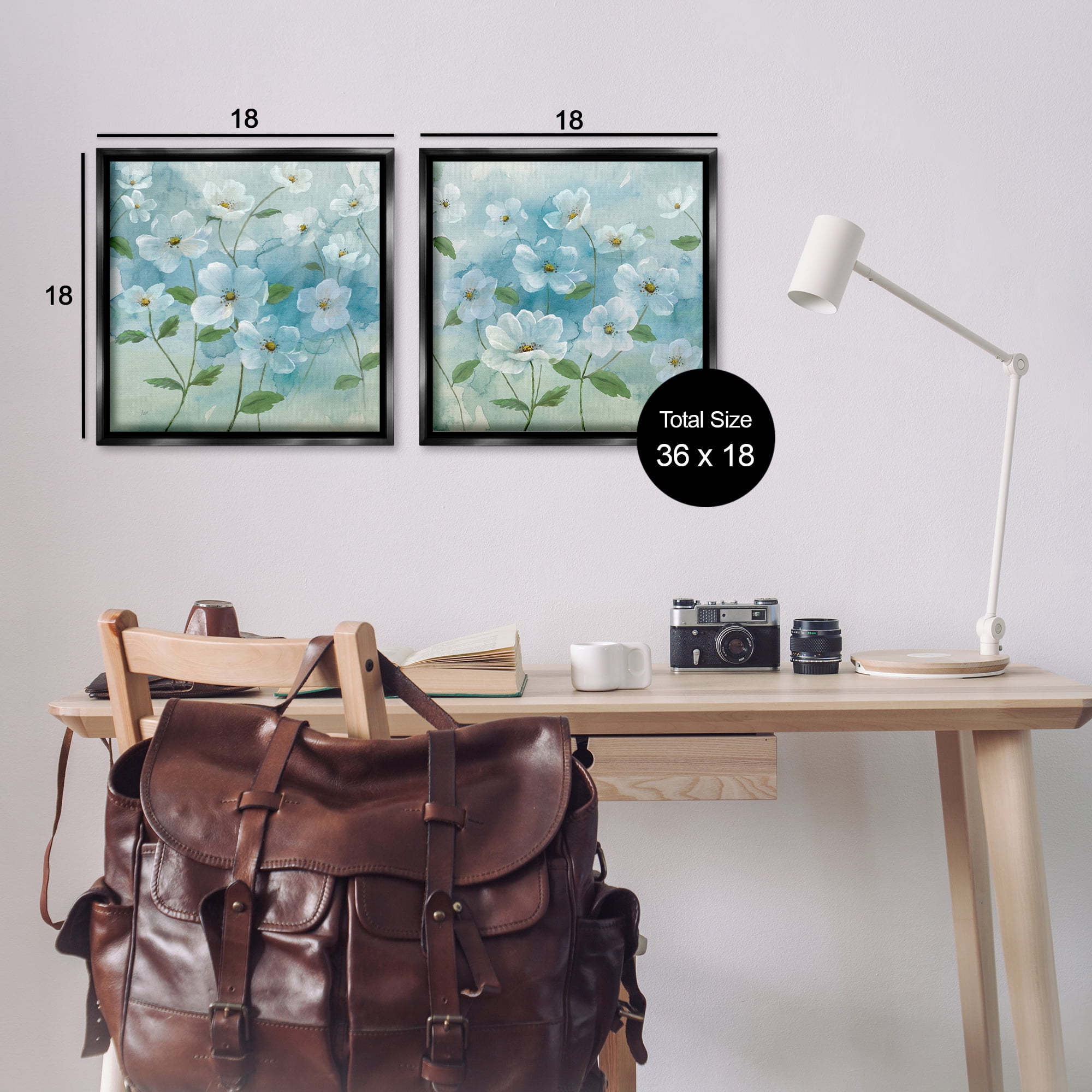 Stupell Industries Blue & White Apple Blossoms Plants & Flowers Painting Black Floater Framed Canvas Art Print Wall Art, 18 x 18, Set of 2