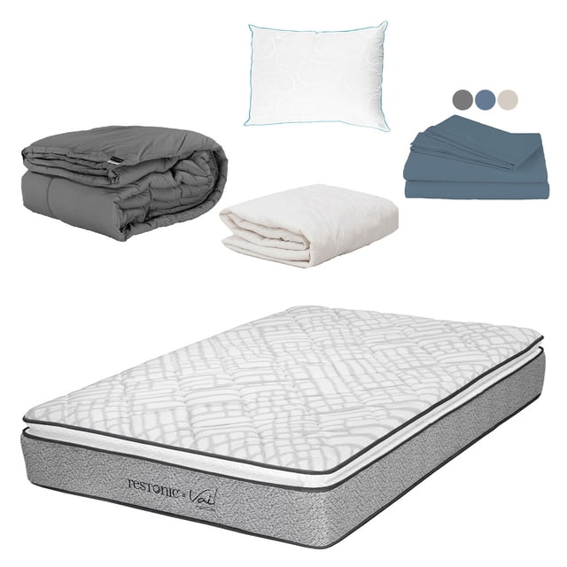 Colchón Matrimonial Restonic Vail con Almohada Oso Protector Ultra Sábanas Basic Edredón Homy