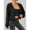 thumbnail image 3 of Women'S Cropped Loose Plush Long Sleeve Open Front Knitted Cardigan Black S, 3 of 7