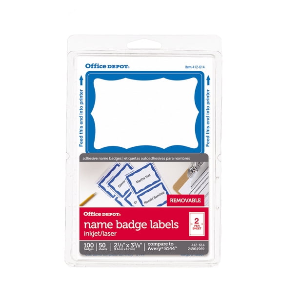 Office Depot Name Badge Labels, 2 1/3in. x 3 3/8in., Blue, Pack Of 100, OD98836