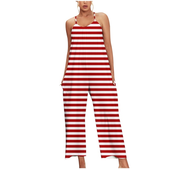 Combinaison en Coton et Lin à Rayures pour Femmes Liquidation Mode Été Décontractée Vente Ample Poche Sans Manches Pantalon Décontracté Confortable Rouge G