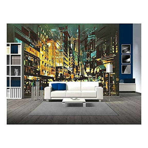 wall26 - Night Scene Cityscape,Abstract Art Painting - Removable Wall Mural | Self-Adhesive Large Wallpaper - 100x144 inches