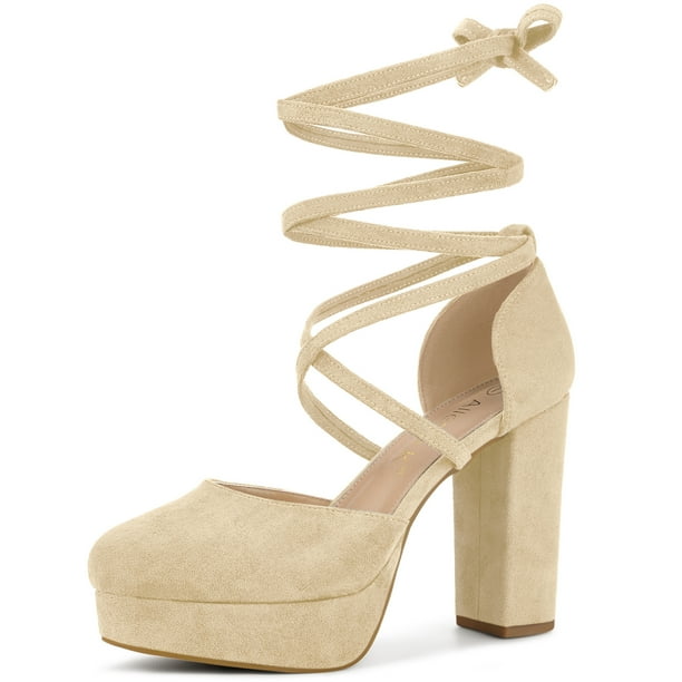 Zapatos de tacón grueso Allegra K con tiras y plataforma con cordones para mujer Beige EE. UU. 8