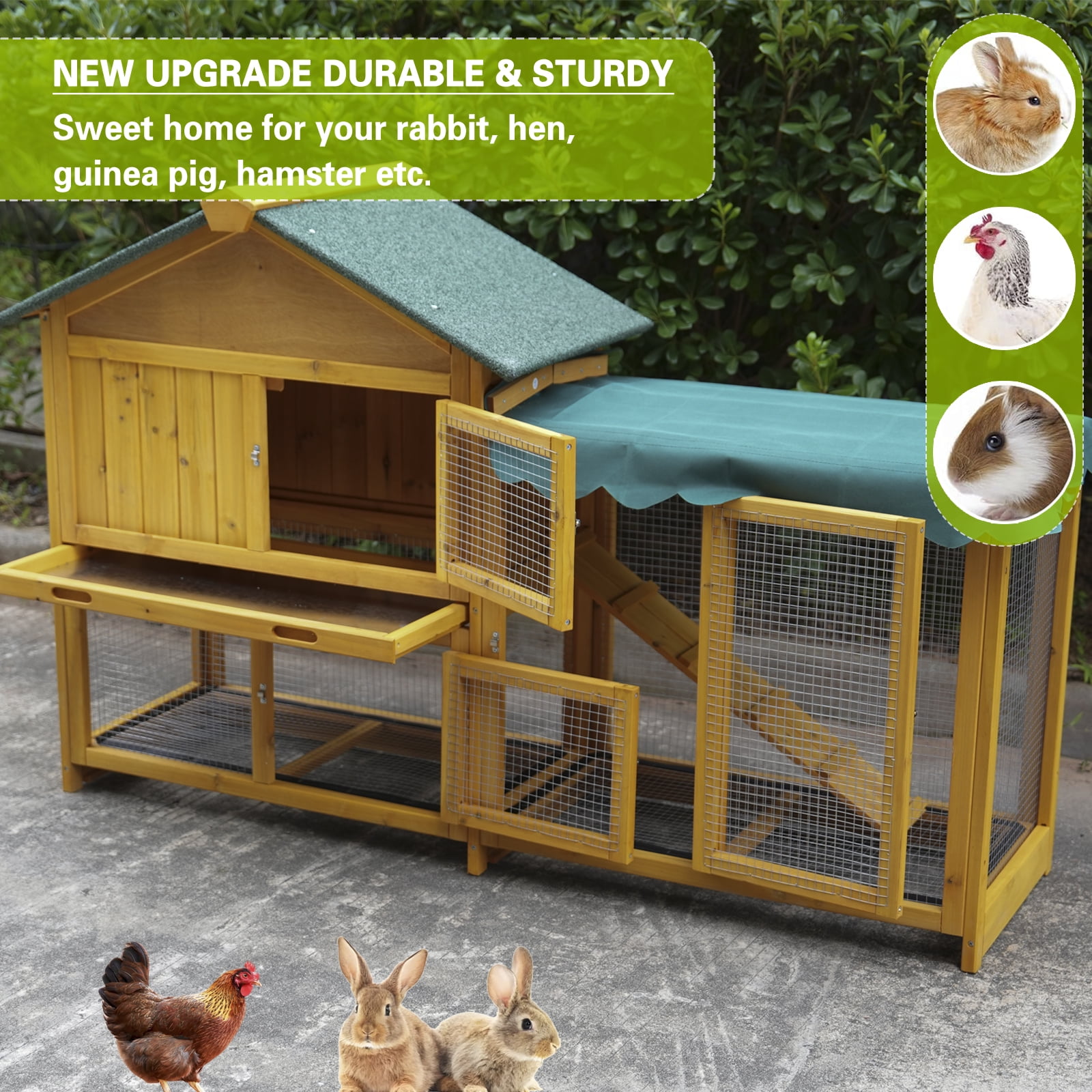 ZephyPaws 60" L Large Rabbit Hutch Outdoor Indoor,Expandable 2-Story Wooden Bunny Cage with Run,Removable Tray,Protection Cover,3 Entrances,Brown