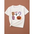 thumbnail image 1 of Halloween T-shirt - Cute Cartoon Ghost & Pumpkin Print, Breathable Round Neck Short Sleeve Tee, Lightweight Regular Fit for Spring/Summer Casual Wear, Halloween Shirts for Girls, Playful Design, 1 of 6
