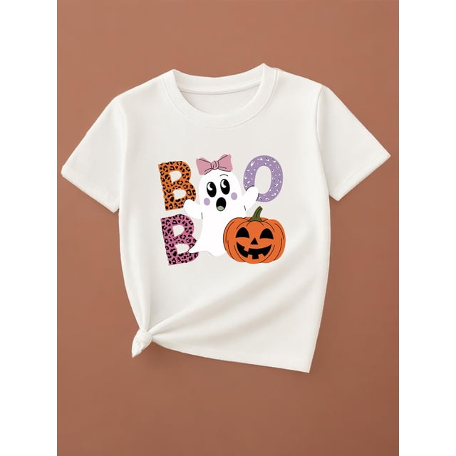 Halloween T-shirt - Cute Cartoon Ghost & Pumpkin Print, Breathable Round Neck Short Sleeve Tee, Lightweight Regular Fit for Spring/Summer Casual Wear, Halloween Shirts for Girls, Playful Design