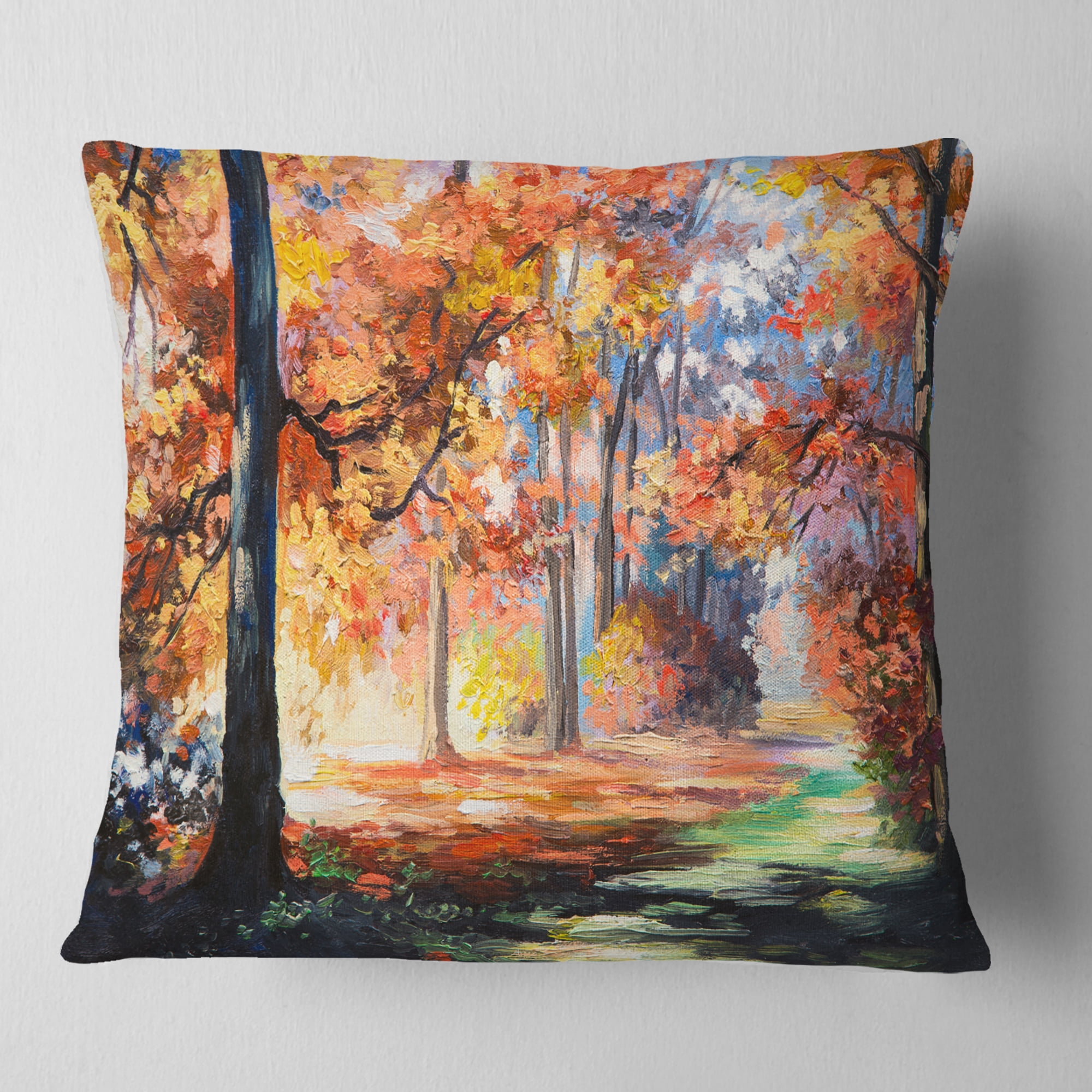 Designart Fall Trail in Forest - Landscape Printed Throw Pillow - 16x16