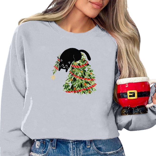 WEAIXIMIUNG Chandails en Molleton Courts pour Femmes Ensemble Motif Lumières Arbre de Noël Chat Col Rond Manches Longues Chandail à Capuchon pour Femmes Décontracté Vacances