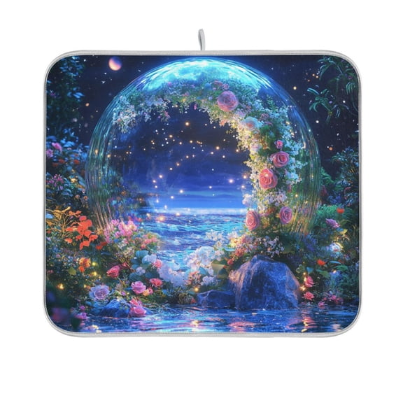 Yayeee Dish Drying Mat for Kitchen Counter 16"x18" Microfiber Absorbent Pad, Beautiful Floral Moon