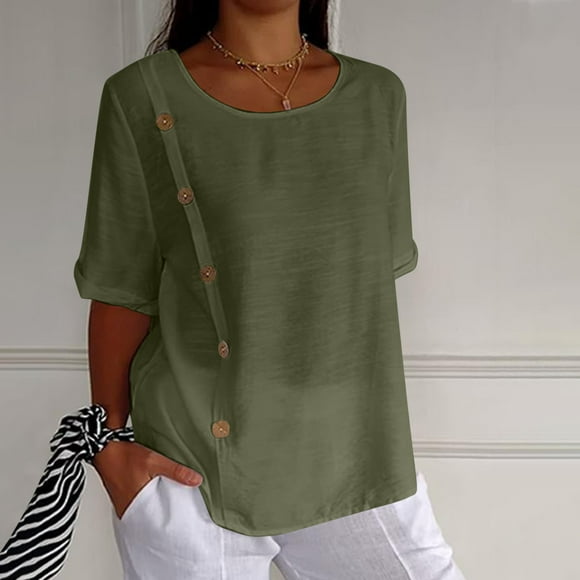 LOVZFMLL Women's Summer Tops Solid Cotton And Linen Button Half Sleeve Casual Shirt