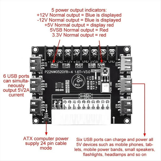 Fuente de AlimentacióN ATX de 24 Pines/20 Pines MóDulo de Placa de ConexióN Adaptador Conector de AlimentacióN Soporte 12V -12V 5V 5VSB 3.3V Sin Estuche