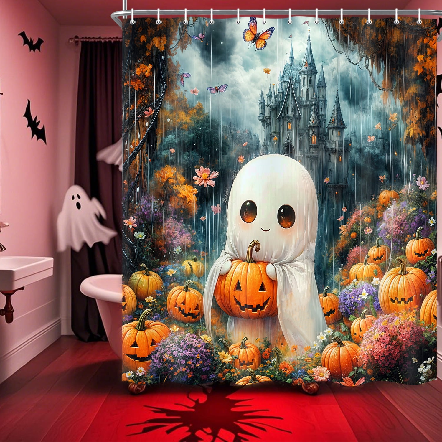 Fall Halloween Shower Curtain, Cute Spooky Halloween Ghost Castle in the Rain Bath Curtain, Funny Gothic Pumpkins Floral Waterproof Shower Curtain Set with Hook, 72X72in