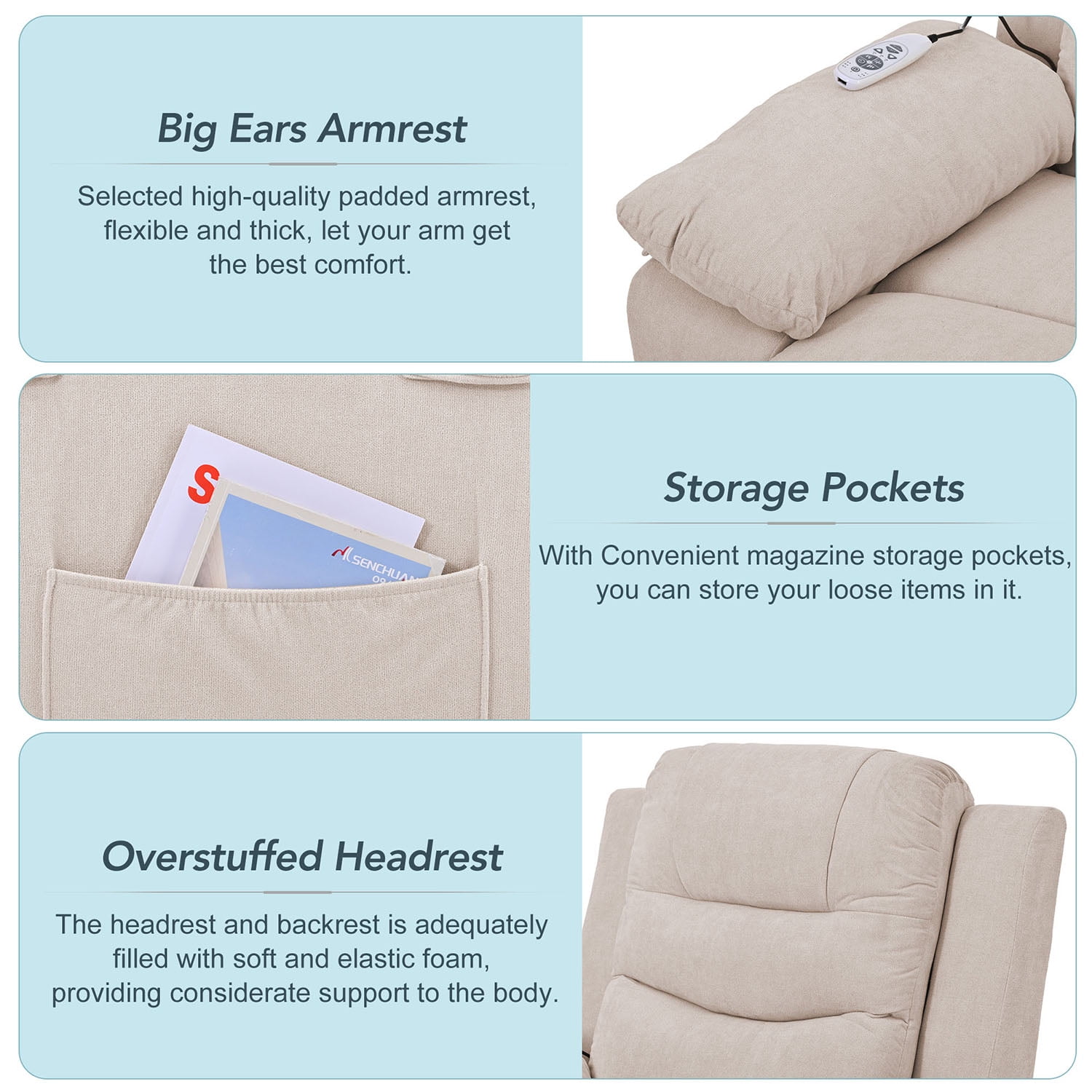 Kadyn Massage Recliner, Modern Power Lift Chair for Elderly, Linen Recliner Chair with Adjustable Massage, Heating Function and Side Pocket, Beige