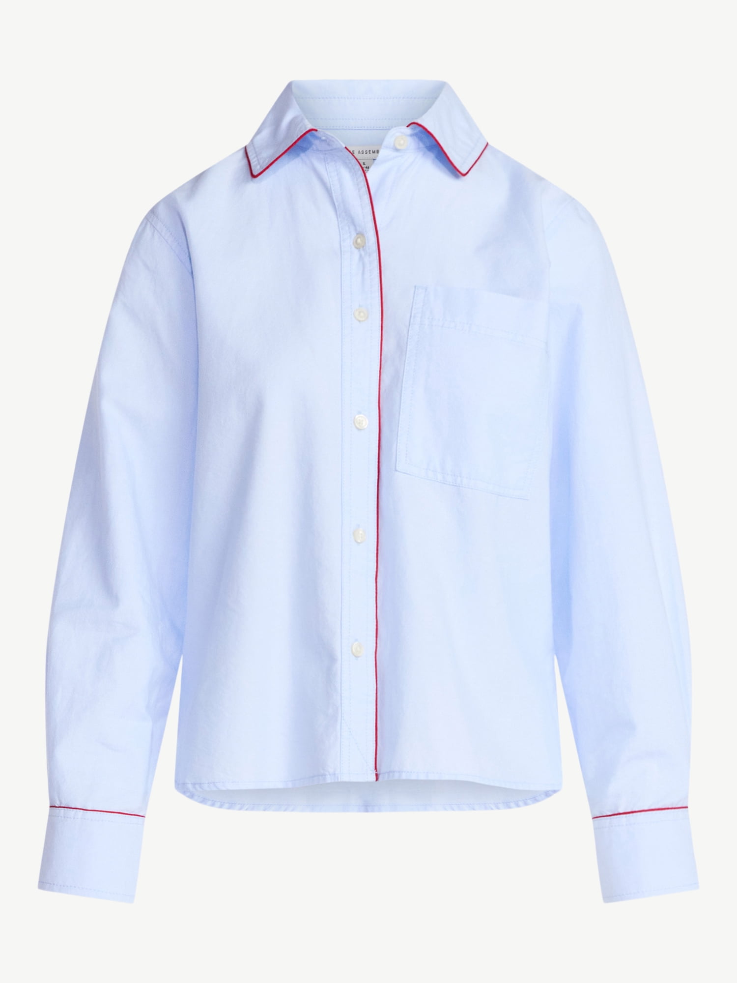 Free Assembly Women's Contrast Piped Cotton Shirt with Long Sleeves, Sizes XS-XXL