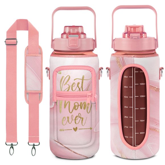 Best Mom Ever 64 Oz Water Bottle with Sleeve - BPA Free Leakproof Sport Large Plastic Water Bottle with Straw & Time Marker & Insulated Neoprene Holder Carrier Bag Great Gift for Women Men