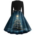 thumbnail image 4 of Christmas Dresses for Women Women's Vintage Classic Dress Long Sleeve Christmas Print Round Neck Swing Dress for Christmas Party,Dark Blue,M, 4 of 5