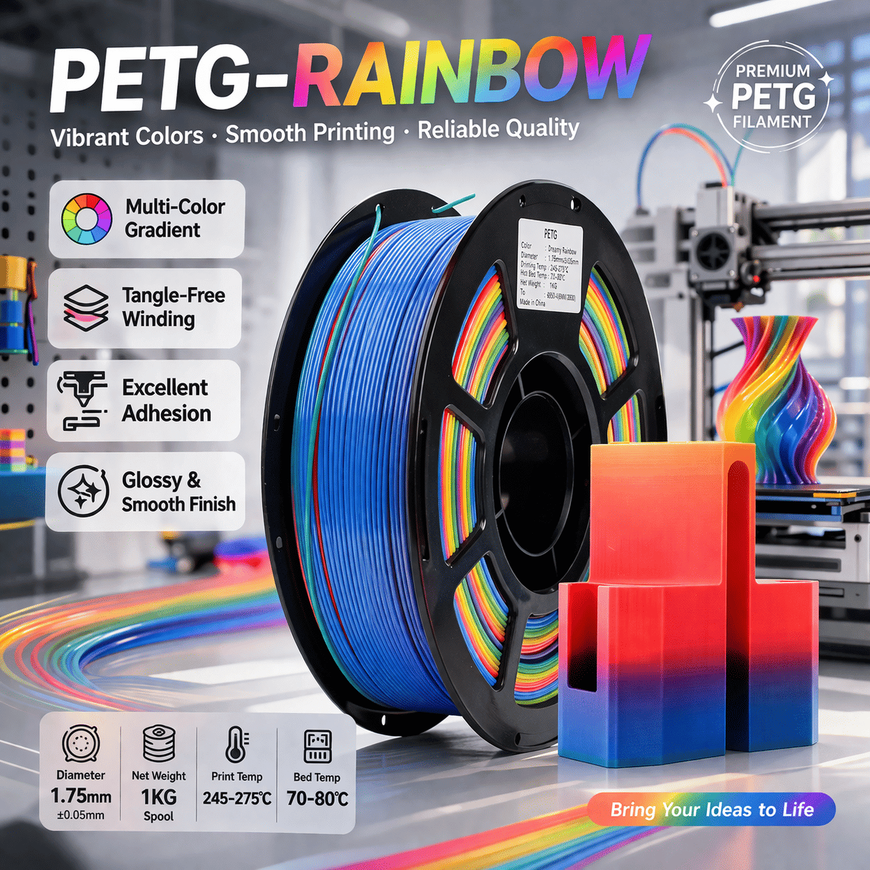 Brakzilon PETG 3D Printer Filament 1.75mm Rainbow Multicolor 1KG Dimensional Accuracy +/-0.02mm for FDM Printer
