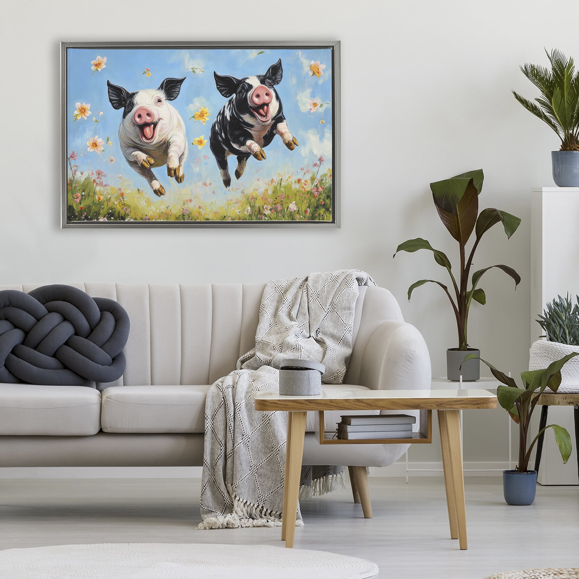 Stupell Industries Flying Pigs & Flowers Gray Framed Floater Canvas Wall Art, design by The Wands Want