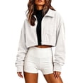 thumbnail image 2 of thefmos Women's Collared Zip Up Cropped Corduroy Jacket with Chest Pocket Solid Color Casual Coat Trendy Fall Winter Clothes, White 2XL, 2 of 5