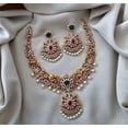 thumbnail image 2 of Peacock Matte Gold Finish Bridal Necklace & Jhumka Earrings Set with AD Ruby Green Kemp Stones - South Indian Antique Jewelry for Weddings, 2 of 4