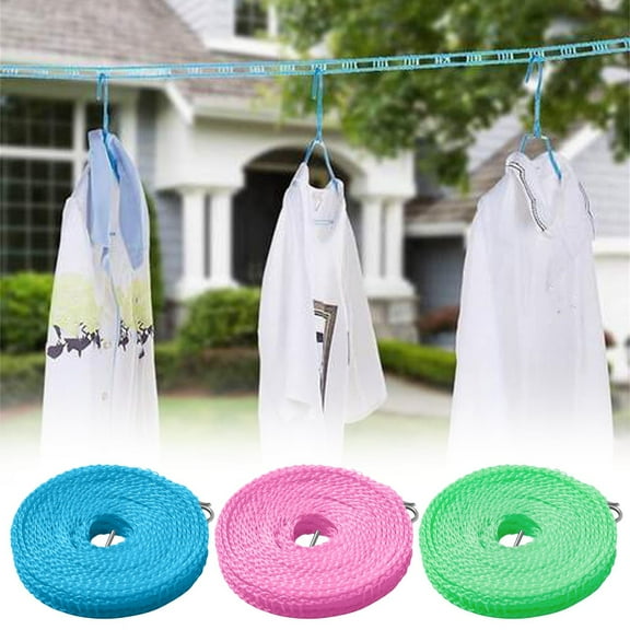 Nylon Windproof Clothesline Rope with Stainless Steel S-Hooks | Non-Slip Plastic Hangers | Durable, Portable, Easy to Carry | 8M Length | Indoor Outdoor Travel Camping Laundry Drying