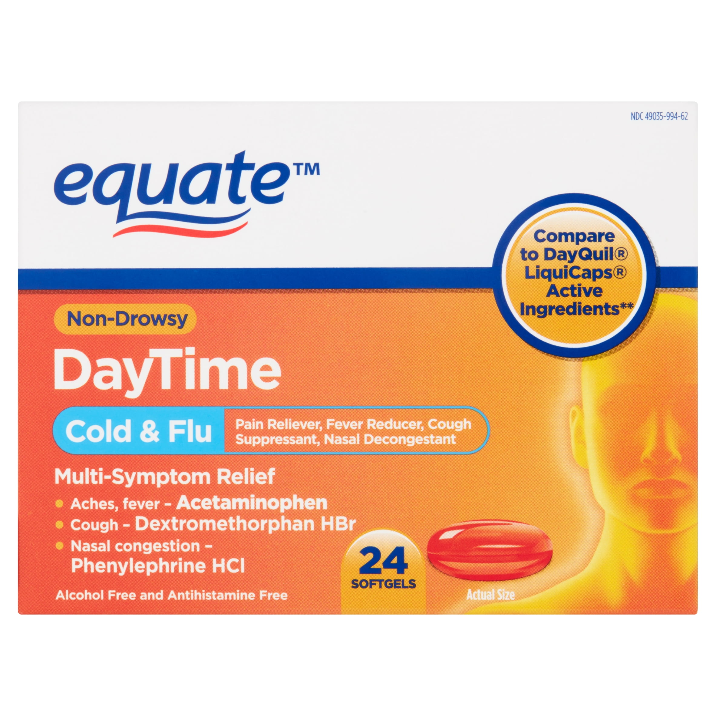 Equate Daytime Cold & Flu Liquid Caps; Cold Care for Daytime Cold and