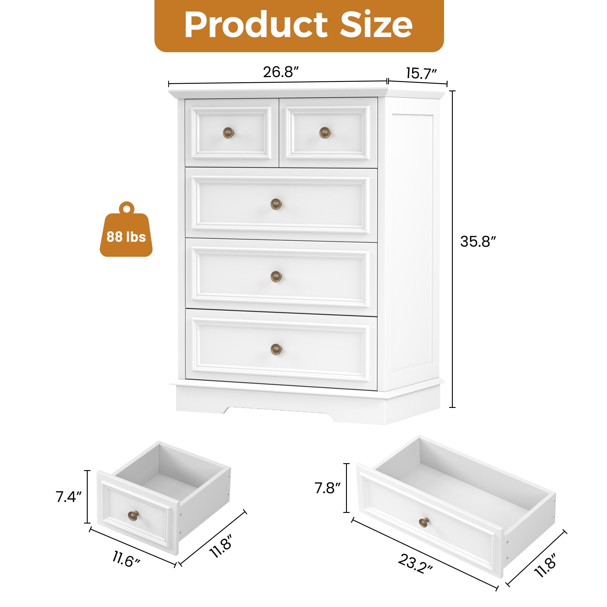 NEGYLIM White 5 Drawer Dresser for Bedroom, Rustic Chest of Drawers, Wood Storage Cabinet Organizer with Antique Bronze Round Handles for Living Room,Entryway, Small Spaces