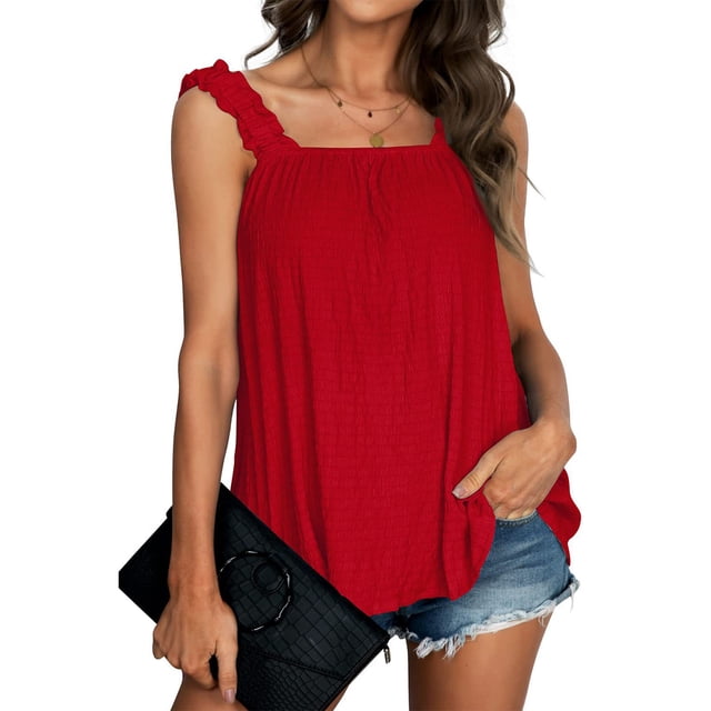Camisola informal con ribete de volantes para mujer, camiseta sin mangas con tirantes fruncidos, camiseta sin mangas de Color puro para verano