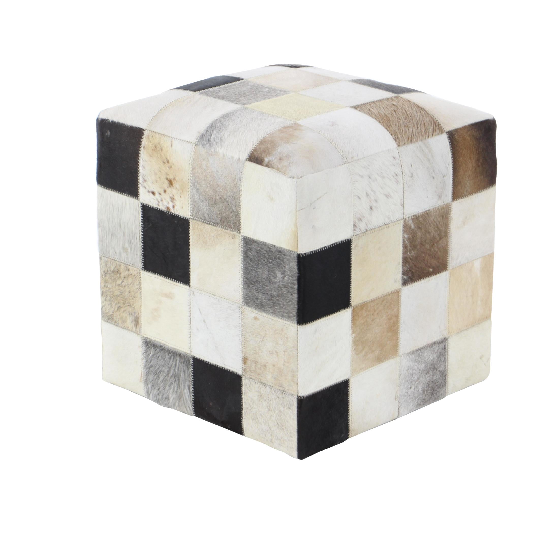 DecMode Leather Handmade Cowhide Stool with Patchwork Pattern, Multi Colored