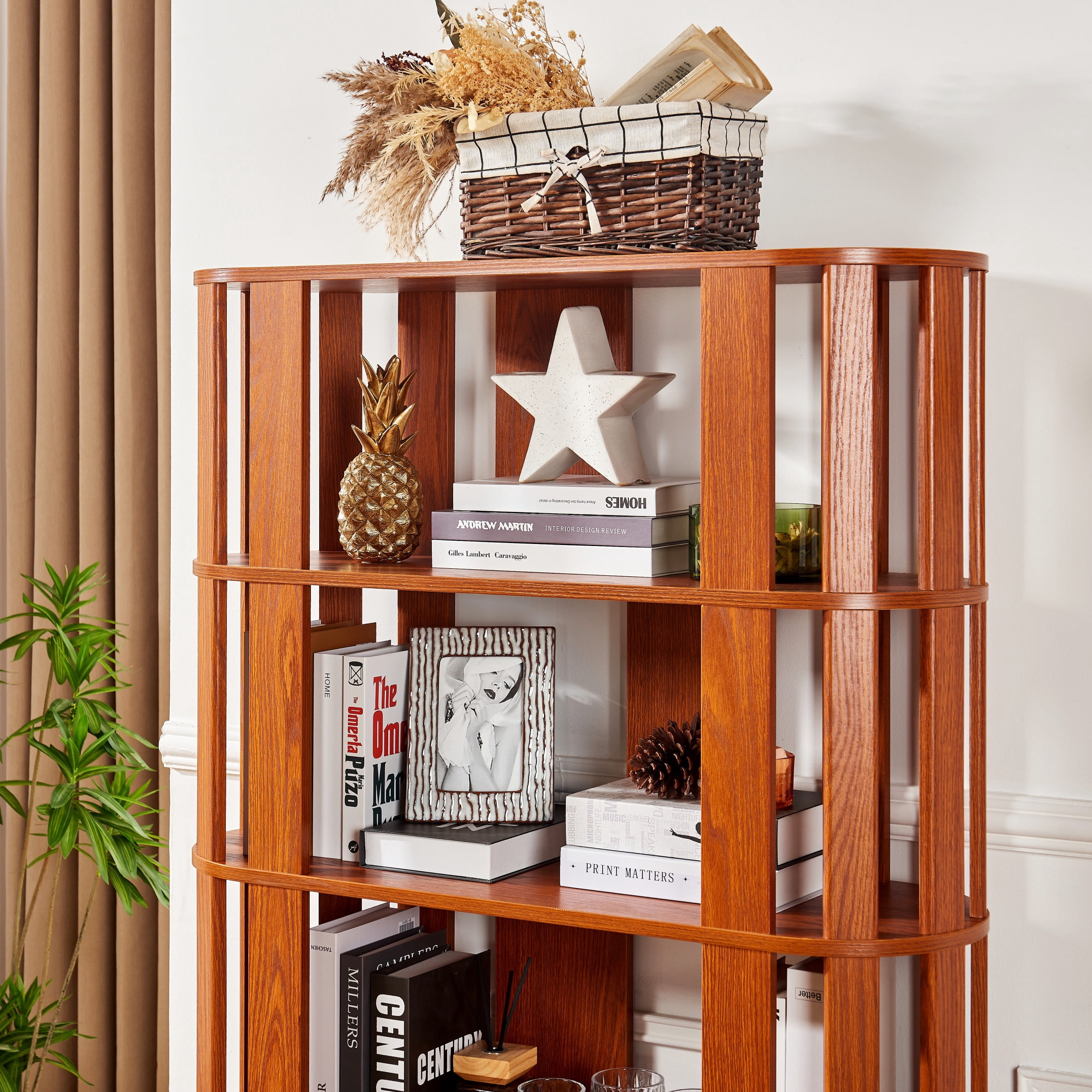 GDF Studio Lexair 5-Tier Wooden Oval Open Bookshelf with Curved Grid Frame, Storage Display Bookcase Rack, Dark Oak