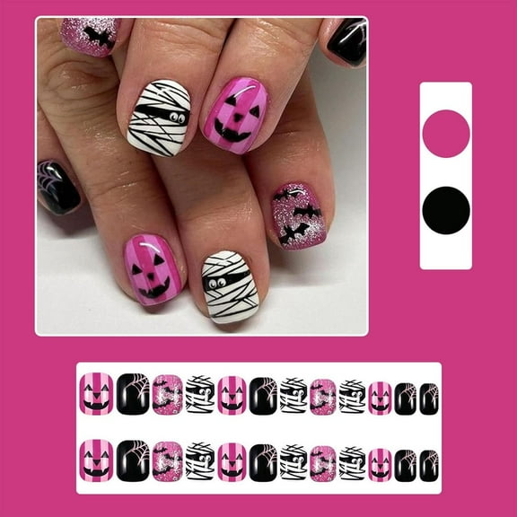 Halloween Short Square Press on Nails, Black and White with Little Ghost and Bat Designs, Full Cover Glossy Fake Nails, 24 Pcs.