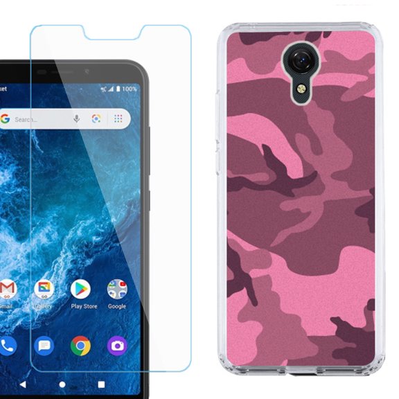 Slim-Fit Protective Phone Case compatible with Cricket Icon 2, with Tempered Glass Screen Protector, by OneToughShield ® - Camo Pink