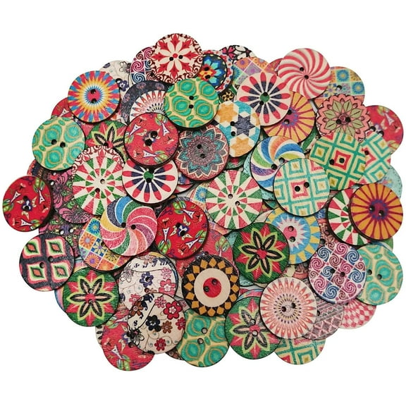 100 pcs Wooden Buttons Mixed Color Pattern 2 Holes Wood Buttons for Sewing Art Craft DIY Suppliers 25mm