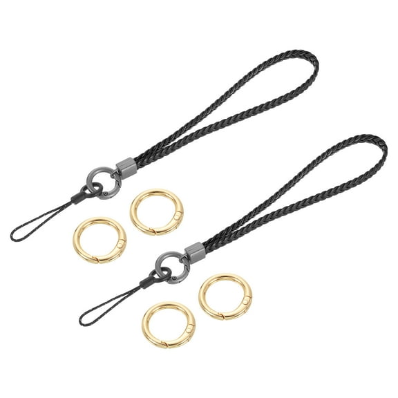 2Pcs Woven Wristlet Lanyards, 5.5" Leather Handmade Keychain Strap, Black