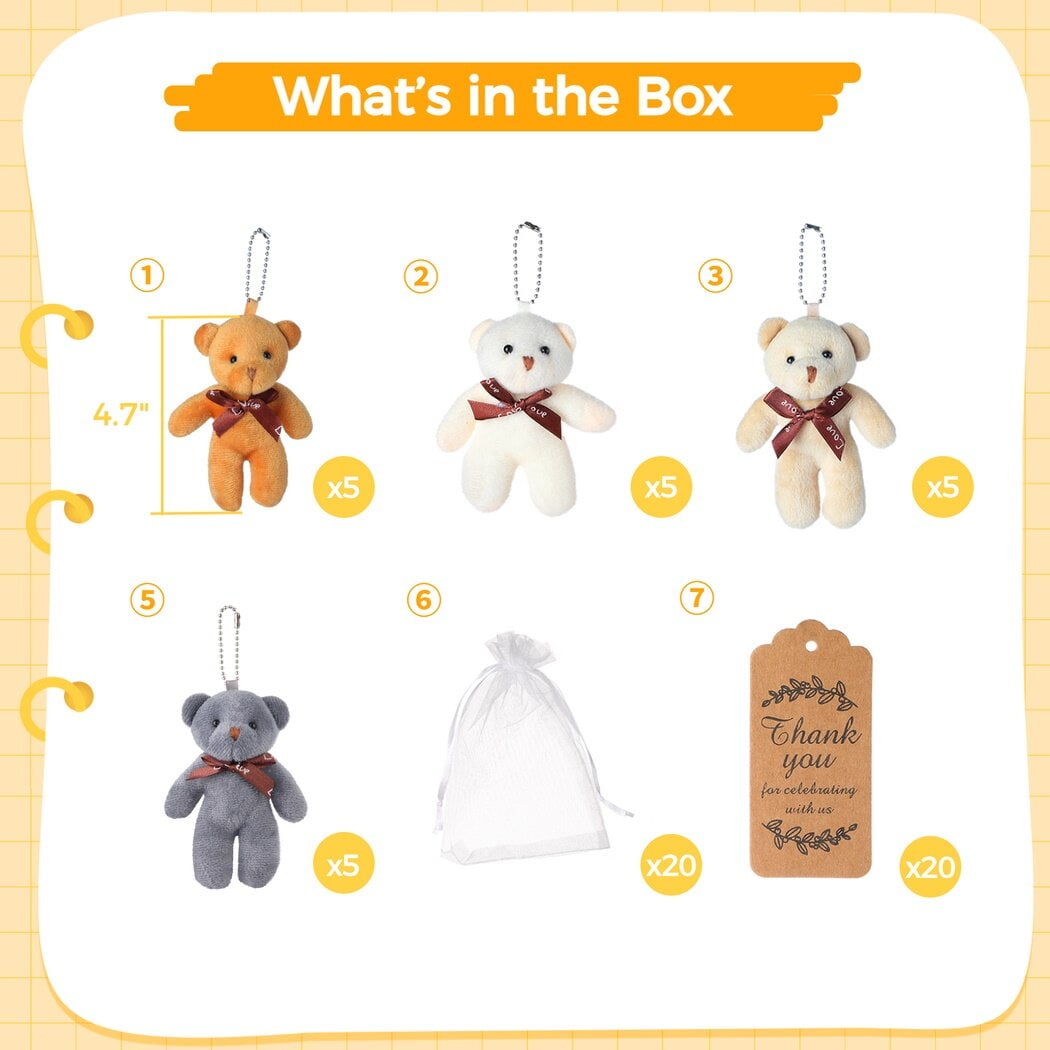 20PCS Mini Bear Stuffed Plush Bear, Mini Bear Bulk with Thank You Tag Organza Packing Bag, for Guest Baby Shower Souvenirs Birthday Christmas Gift