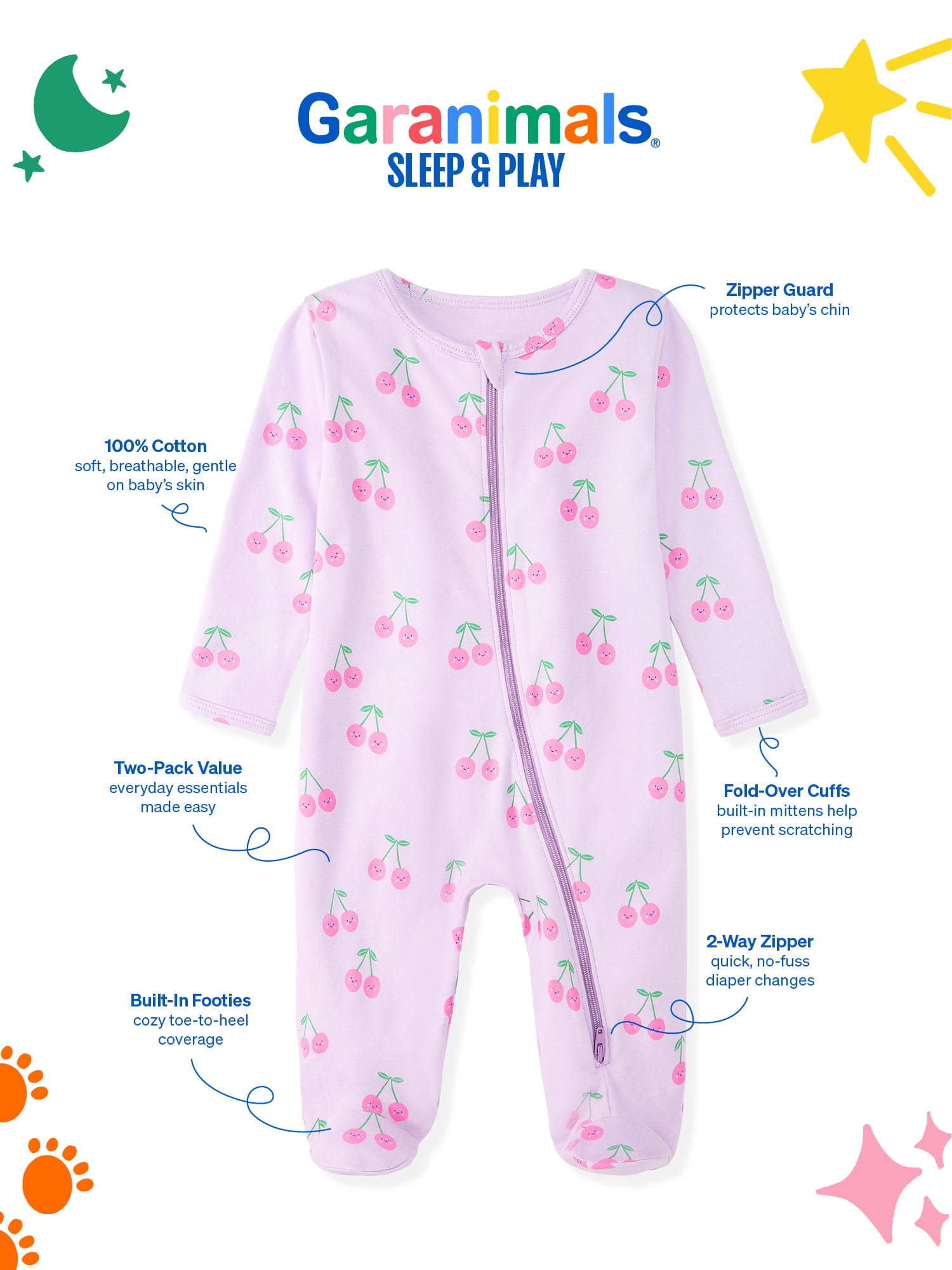 Garanimals Baby Girl Cotton Footed Sleep & Play Pajamas, Graphic Prints, 2-Pack, Sizes Newborn - 9M