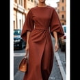 thumbnail image 2 of Vestido Elegante de Cóctel para Mujer, con Mangas Murciélago, Liso, Informal, Holgado, Fruncido, con Abertura, Midi y Cinturón. Marrón M, 2 of 3