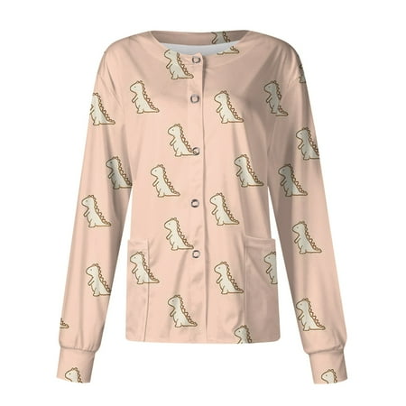 

Taymeis Scrubs for Women Jacket Tops Stylish Animal Print Round-Neck Button-Front Jacket with Deep Pocket Pink S