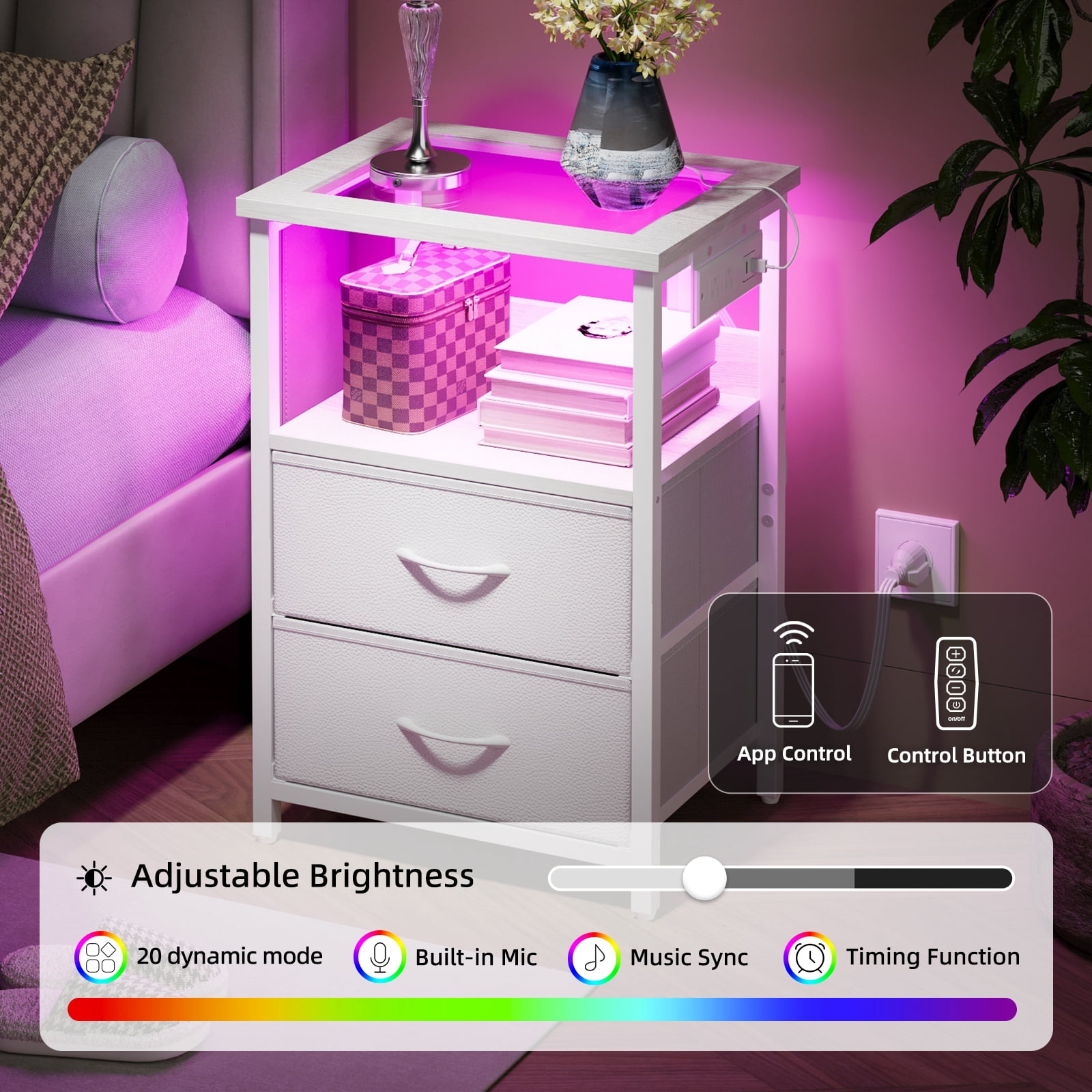 Tomnk LED Nightstand with Charging Station, Modern Bedside Table with Glass Top, USB Ports & Power Outlets, 2 Fabric Drawers Storage End Table for Bedroom, White