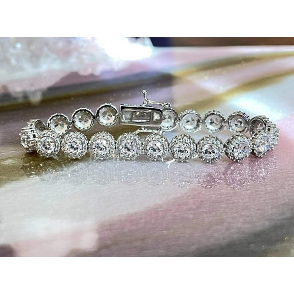 ADIRFINE 925 Sterling Silver Round Brilliant Cubic Zirconia Halo Tennis Bracelet