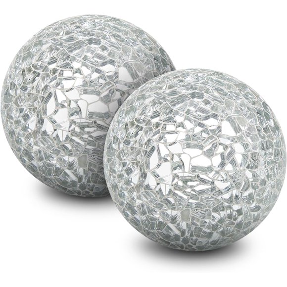 Woration 2.56 Inch Modern Decorative Crackled Mosaic Glass Silver Sphere Balls Centerpiece Ornaments Orbs for Bowls Vases Tray Dish Filler Dining Coffee Table Decor 2 PCS