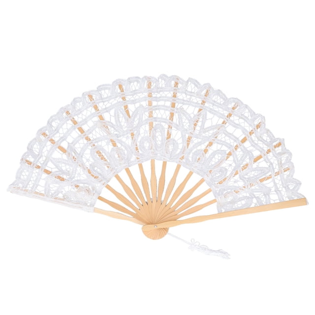 Abanico plegable con encaje de bambú y huesos, estilo vintage, con borlas, para decoración de ropa de alto rendimiento, regalo blanco