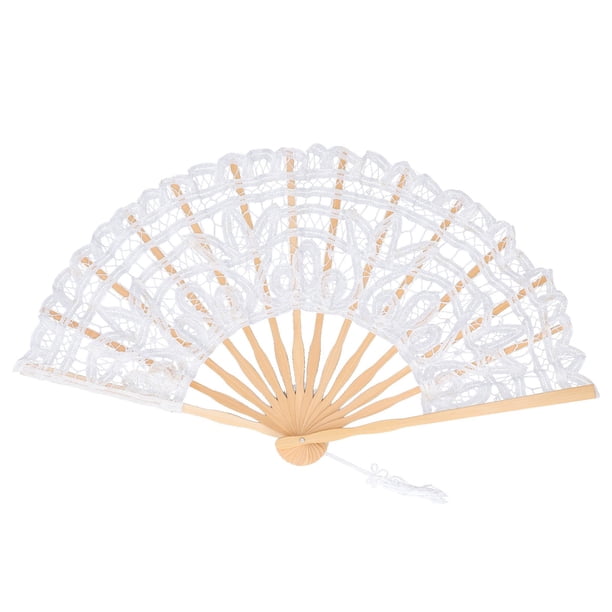 Abanico plegable con encaje de bambú y huesos, estilo vintage, con borlas, para decoración de ropa de alto rendimiento, regalo blanco