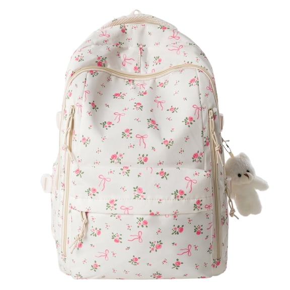 HUISZJ Floral Printed School Backpack, Large Capacity Backpack with Pendant, Laptop Backpack for School Work Travel Outdoor (White)