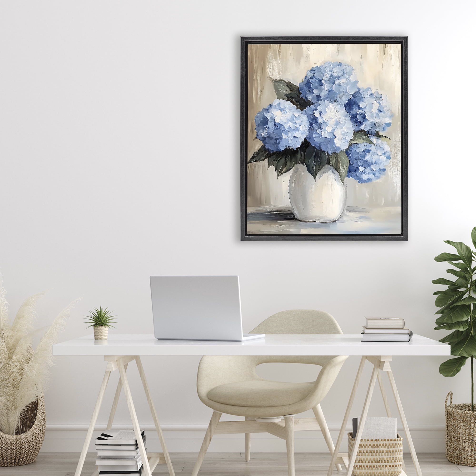 Stupell Industries Painted Hydrangeas in White Vase Black Framed Floater Canvas Wall Art, design by Creative Studio