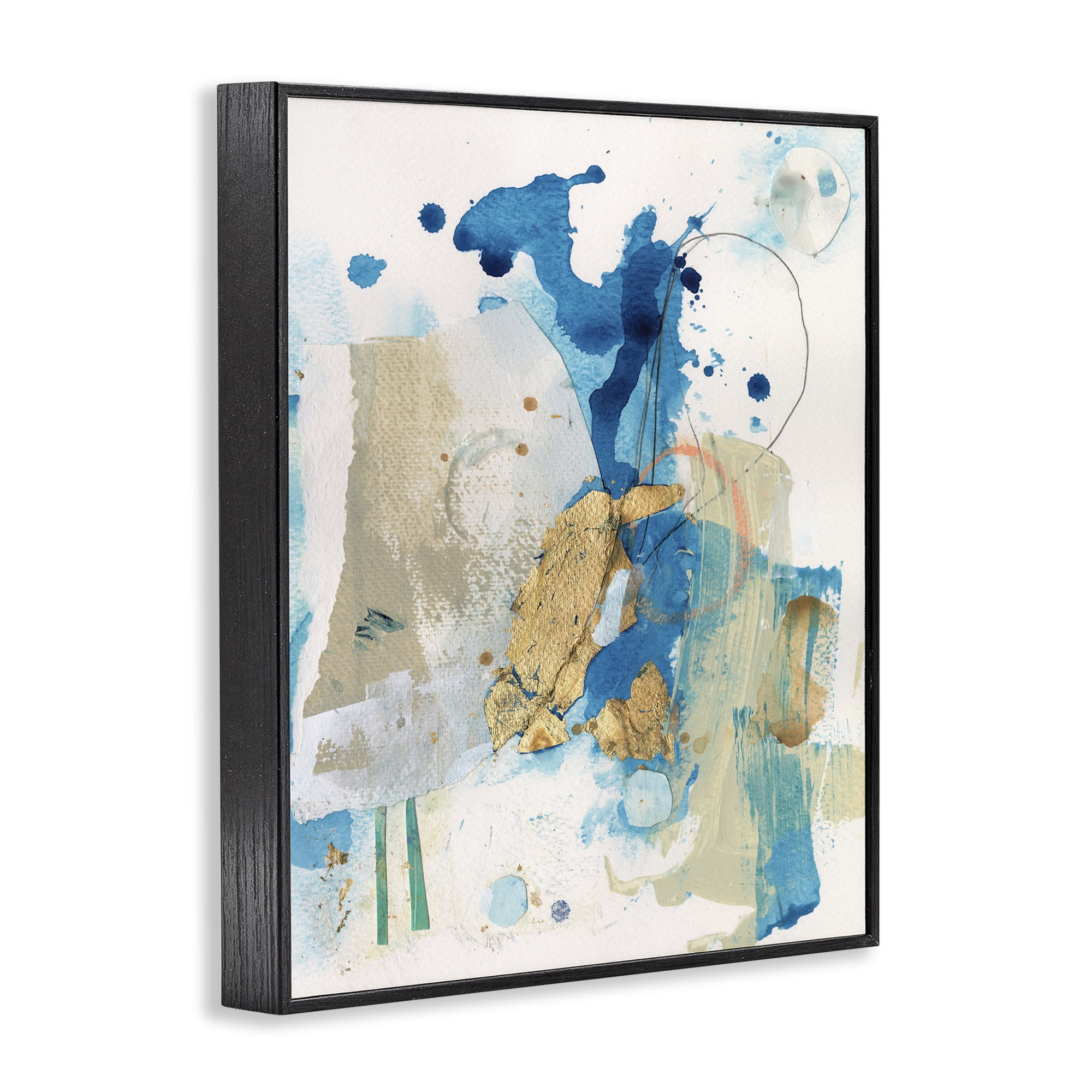 Stupell Industries Blue & Gold Splash Abstract Abstract Painting Black Framed Art Print Wall Art, 24 x 30
