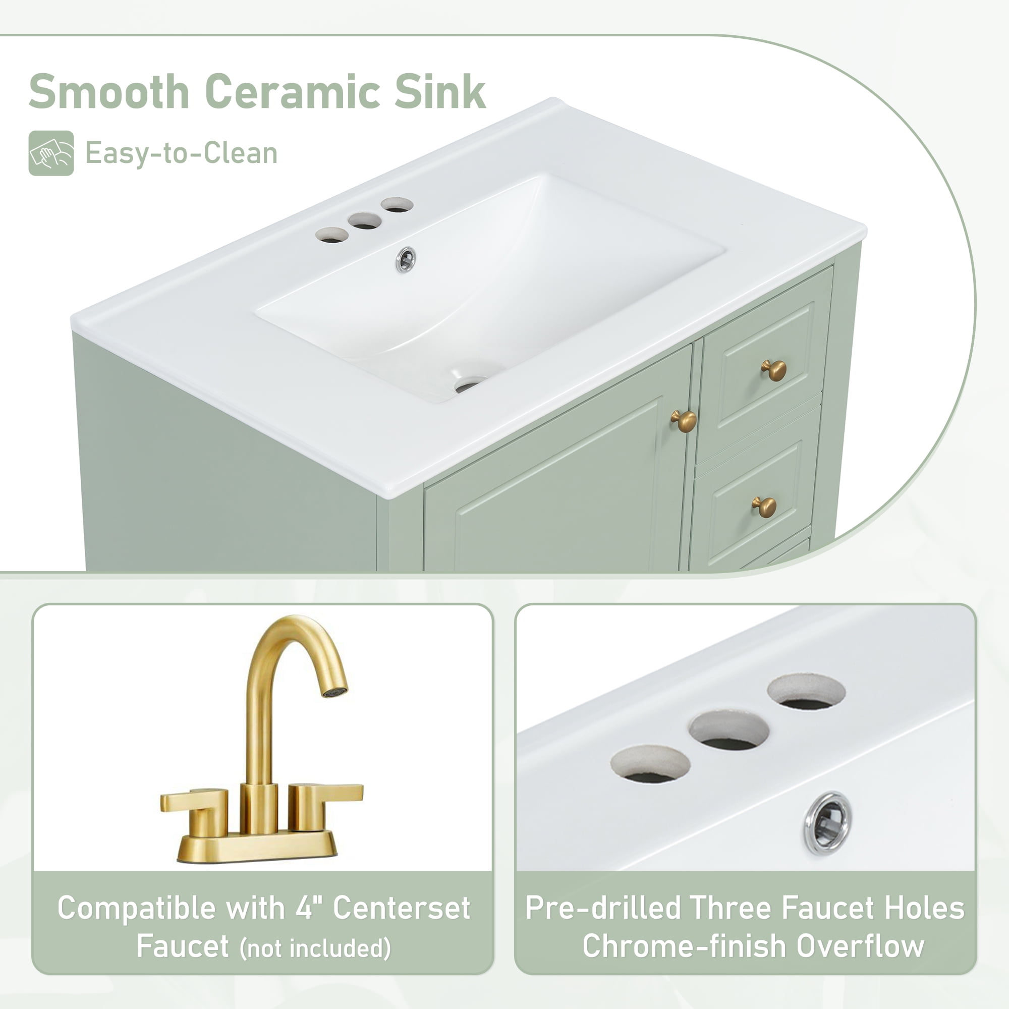 Euroco 30" Bathroom Vanity with Sink, One Door with Shelf and Three Drawers, Soft Close Door, Light Green