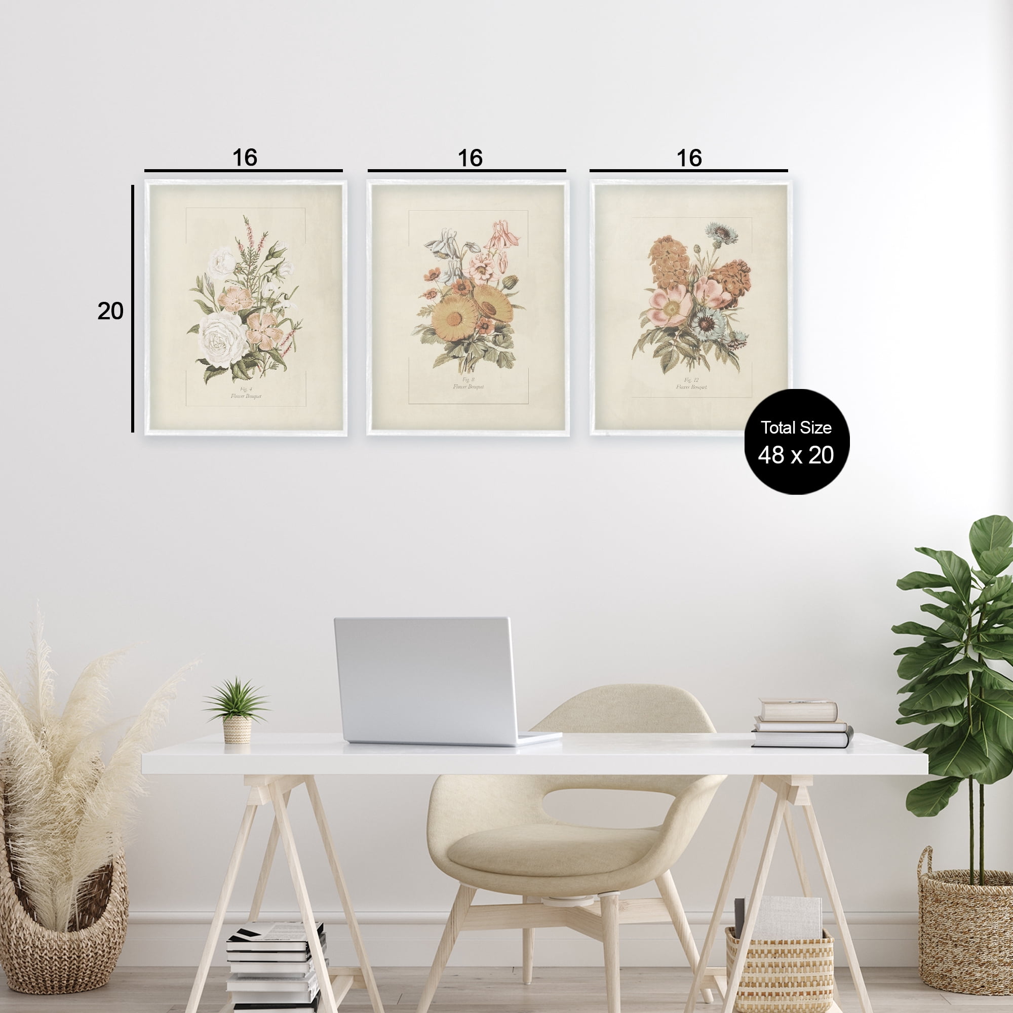 Stupell Industries Neutral Bouquet Studies 3 Piece White Framed Giclee Art Set, design by Dan Meneely