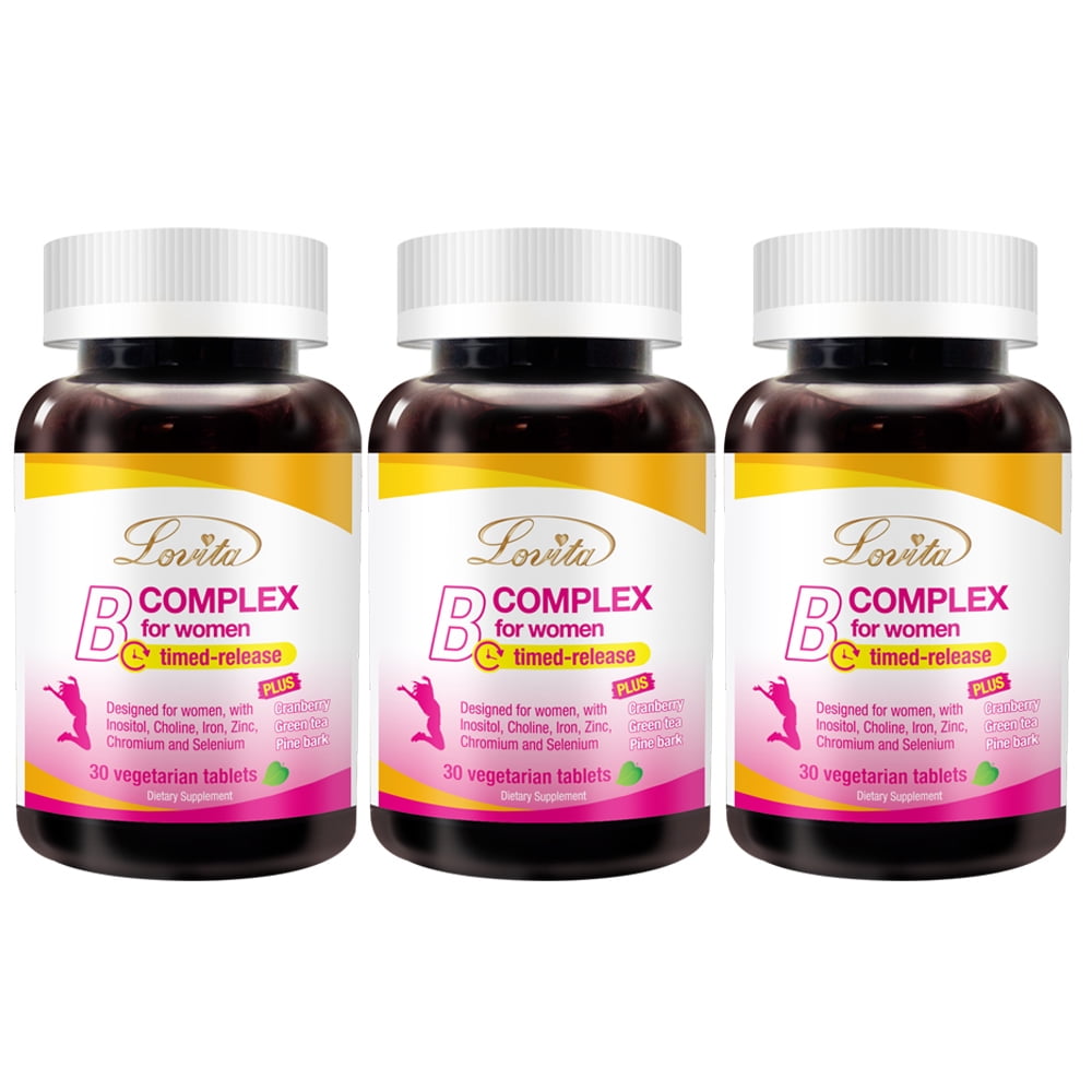 Lovita High Potent Vitamin B Complex for Women, Time Release, All B Vitamins with Iron, Vitamin C, Cranberry, Pine Bark, Green Tea for Energy, 30 Vegetarian Tablets (Pack of 3)