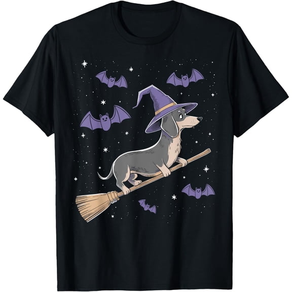 Witch Broomstick Dachshund Lovers Spooky Halloween Dog T-Shirt Size S-5XL